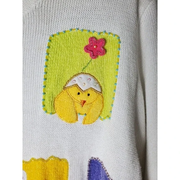 Read Berek Easter Bunny Chicks Flowers Spring Sweater 1XL Whimsical Novelty - Picture 4 of 13